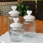 KIT 3 POTES DE VIDRO C/ TAMPA CORAÇAO EM CERAMICA - REF: 251662